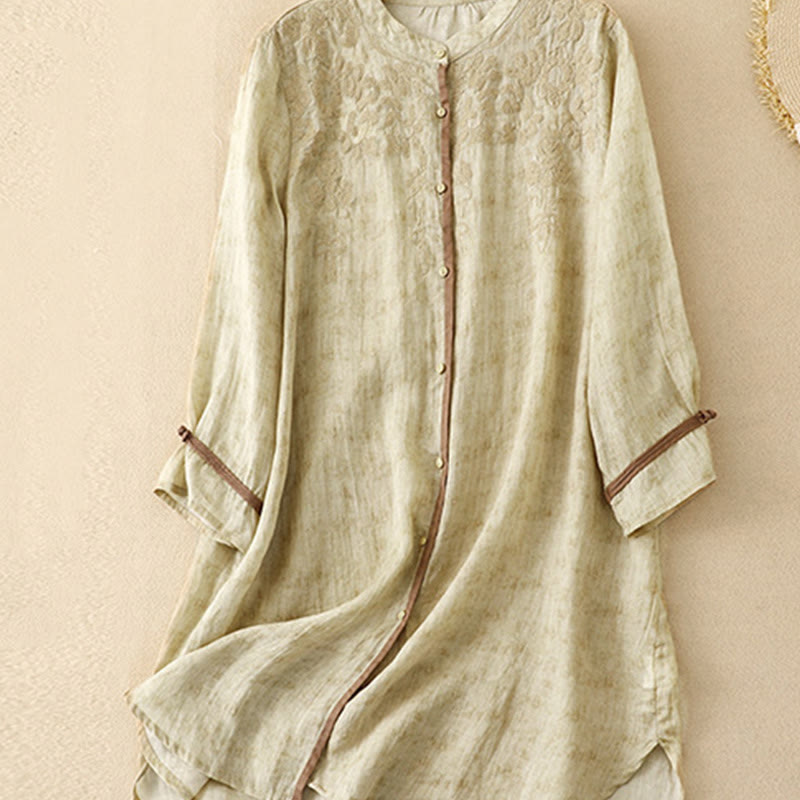 Buddha Stonesサマーカジュアル刺繍スタンドカラーデザイン七分袖アクリルミディドレス - image 9