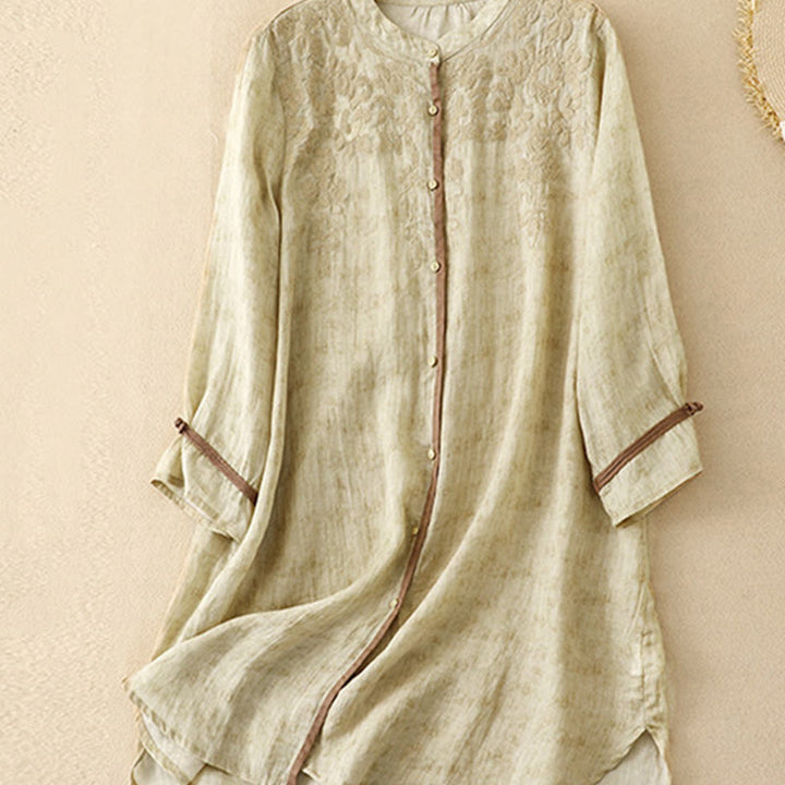 Buddha Stonesサマーカジュアル刺繍スタンドカラーデザイン七分袖アクリルミディドレス - image 9