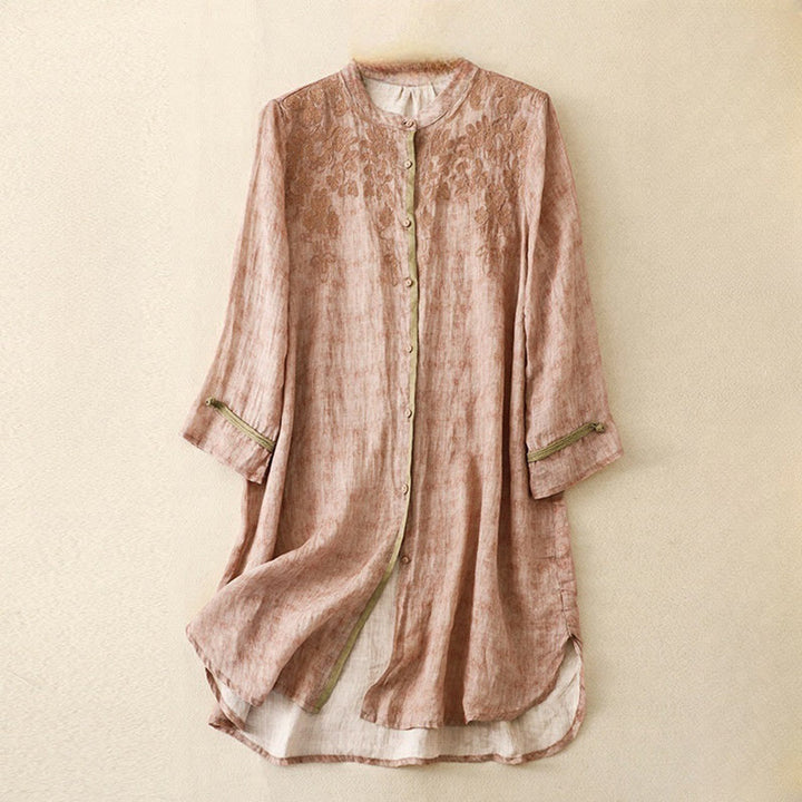 Buddha Stonesサマーカジュアル刺繍スタンドカラーデザイン七分袖ミディドレス - ピンク - US8-10，UK/AU12-14，EU40-42 (2XL) - image 18