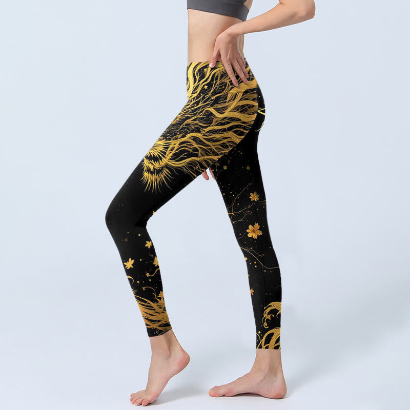Buddha Stonesゴールデンドラゴン柄プリント ジムレギンス レディース ヨガパンツ - image 3