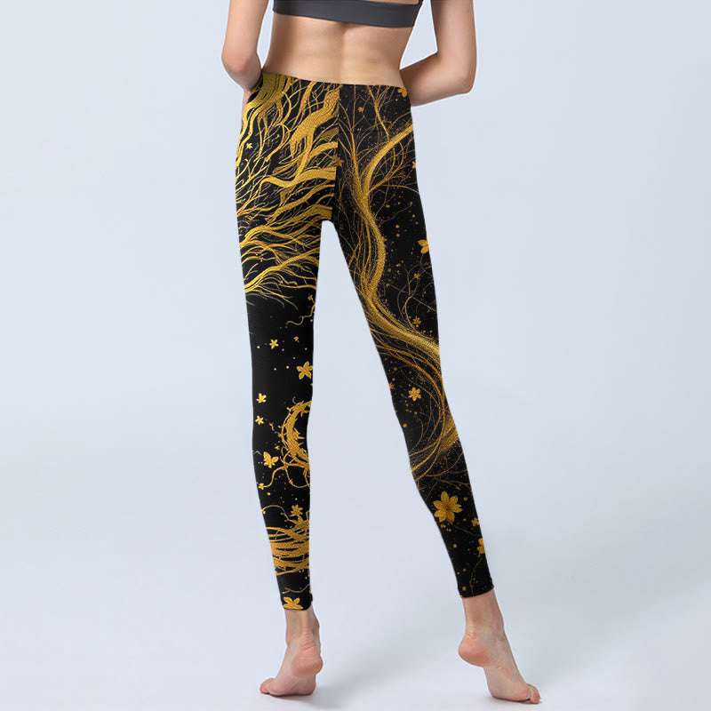 Buddha Stonesゴールデンドラゴン柄プリント ジムレギンス レディース ヨガパンツ - image 7