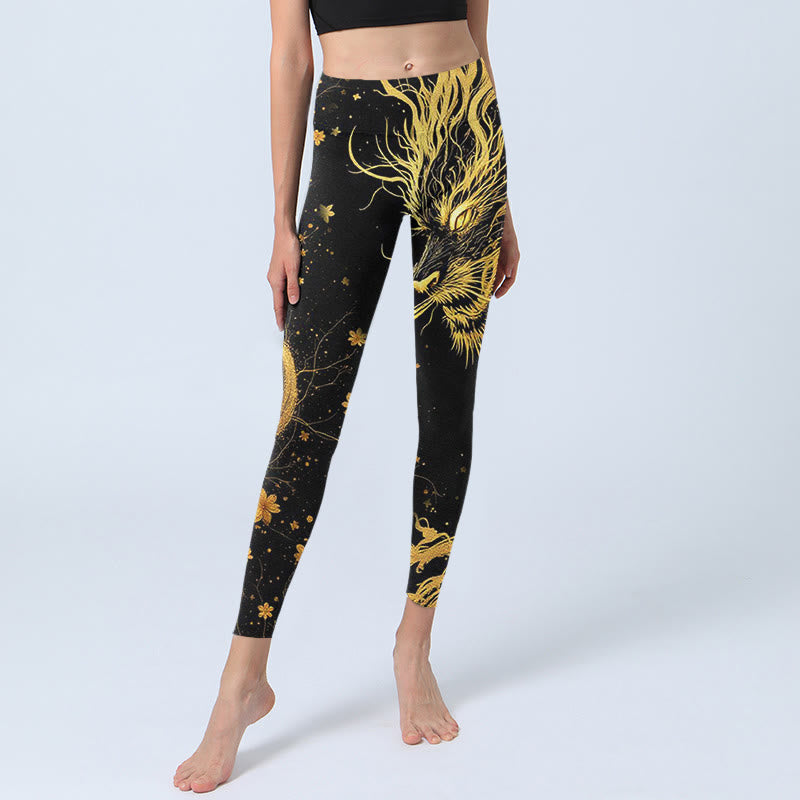 Buddha Stonesゴールデンドラゴン柄プリント ジムレギンス レディース ヨガパンツ - image 6