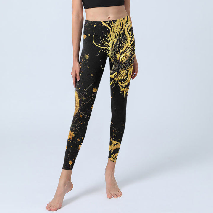 Buddha Stonesゴールデンドラゴン柄プリント ジムレギンス レディース ヨガパンツ - image 6