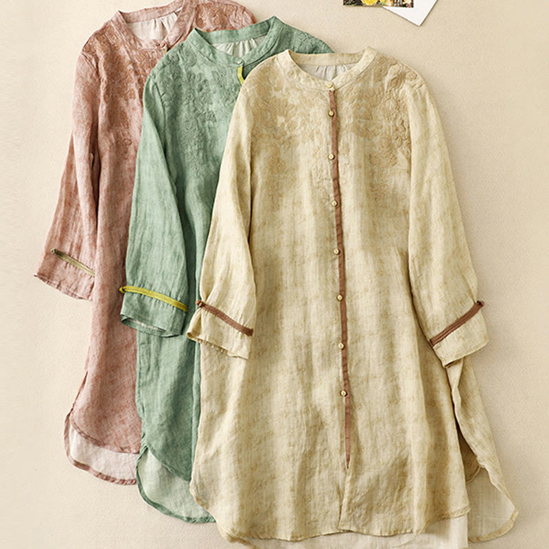 Buddha Stonesサマーカジュアル刺繍スタンドカラーデザイン七分袖アクリルミディドレス - image 23