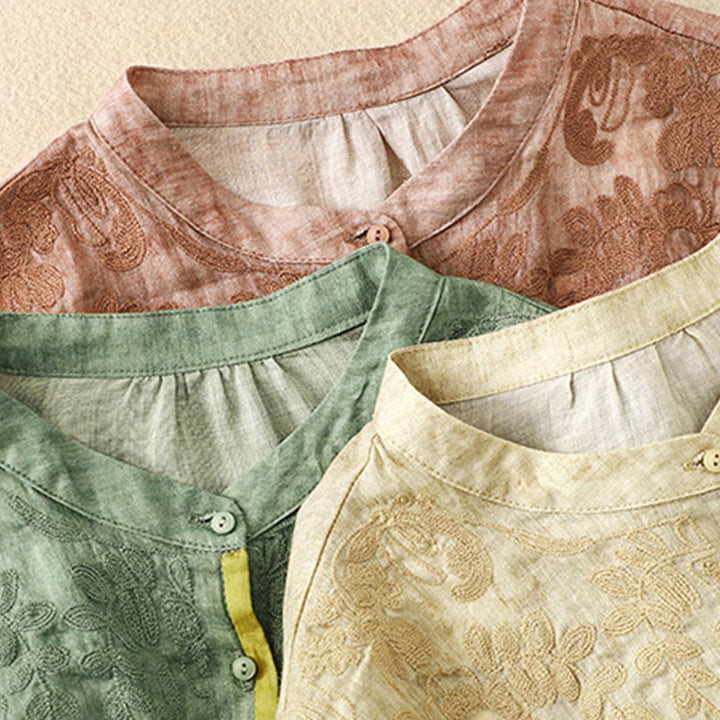 Buddha Stonesサマーカジュアル刺繍スタンドカラーデザイン七分袖アクリルミディドレス - image 24