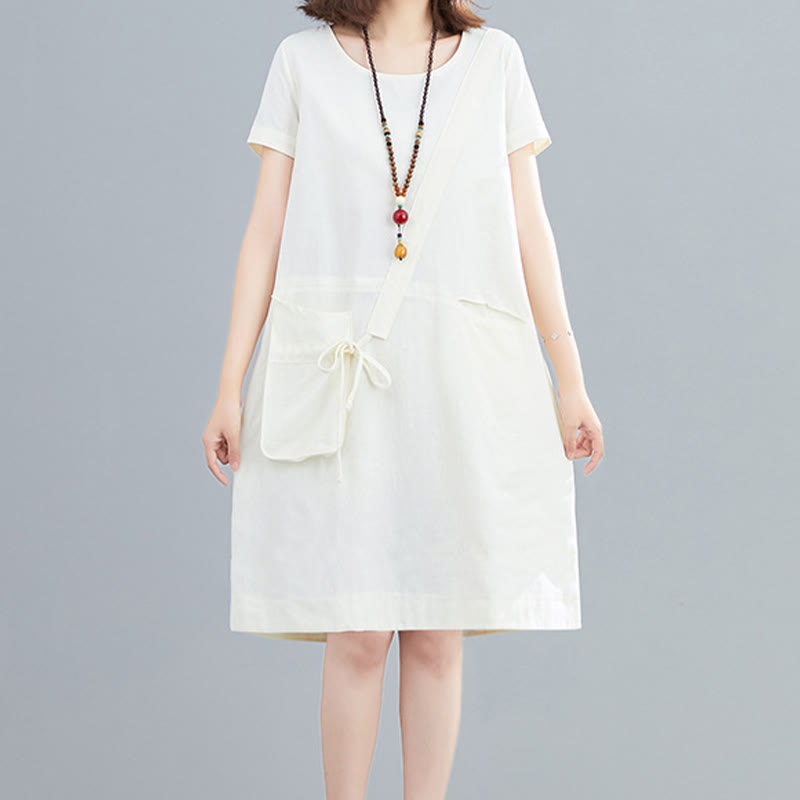 Buddha Stonesサマーカジュアル 無地 レースアップデザイン クルーネック 半袖 コットンリネン ミディドレス ポケット付き - image 2