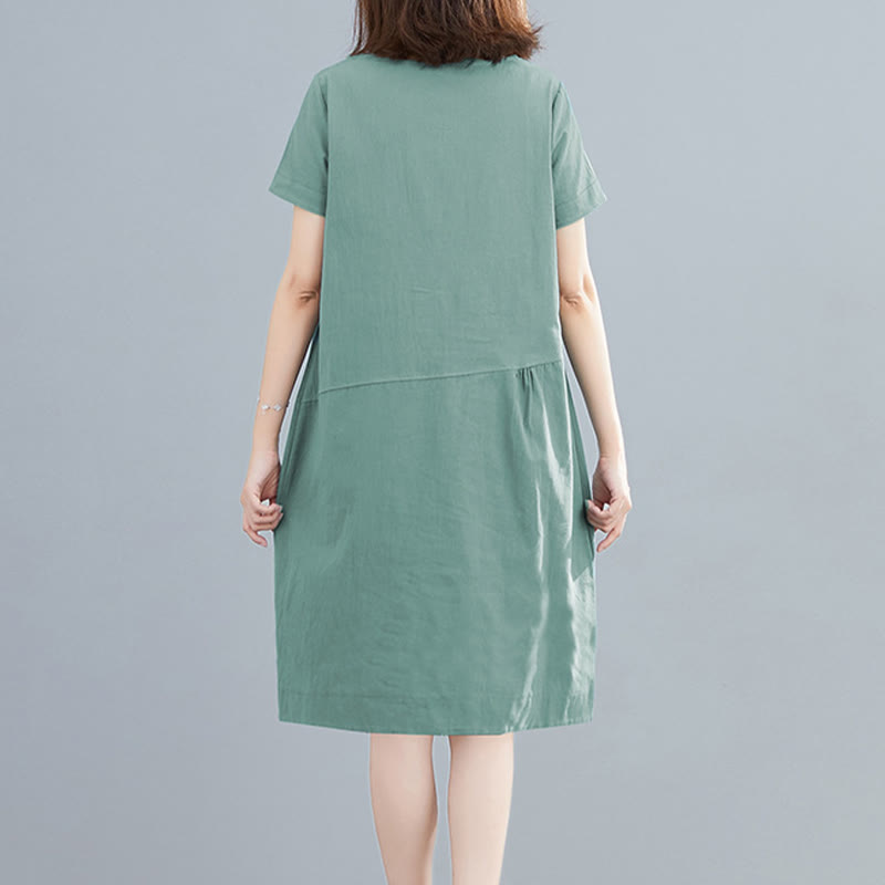 Buddha Stonesサマーカジュアル 無地 レースアップデザイン クルーネック 半袖 コットンリネン ミディドレス ポケット付き - image 19