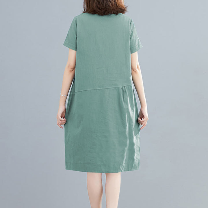 Buddha Stonesサマーカジュアル 無地 レースアップデザイン クルーネック 半袖 コットンリネン ミディドレス ポケット付き - image 19