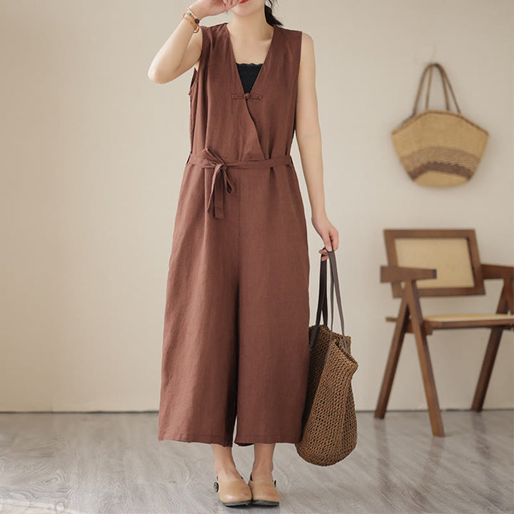Buddha Stonesカジュアル レースアップ シンプル ノースリーブ デザイン レディース コットン リネン ジャンプスーツ ポケット付き - サドルブラウン - US14、 UK/AU18、 EU46 (2XL) - image 0