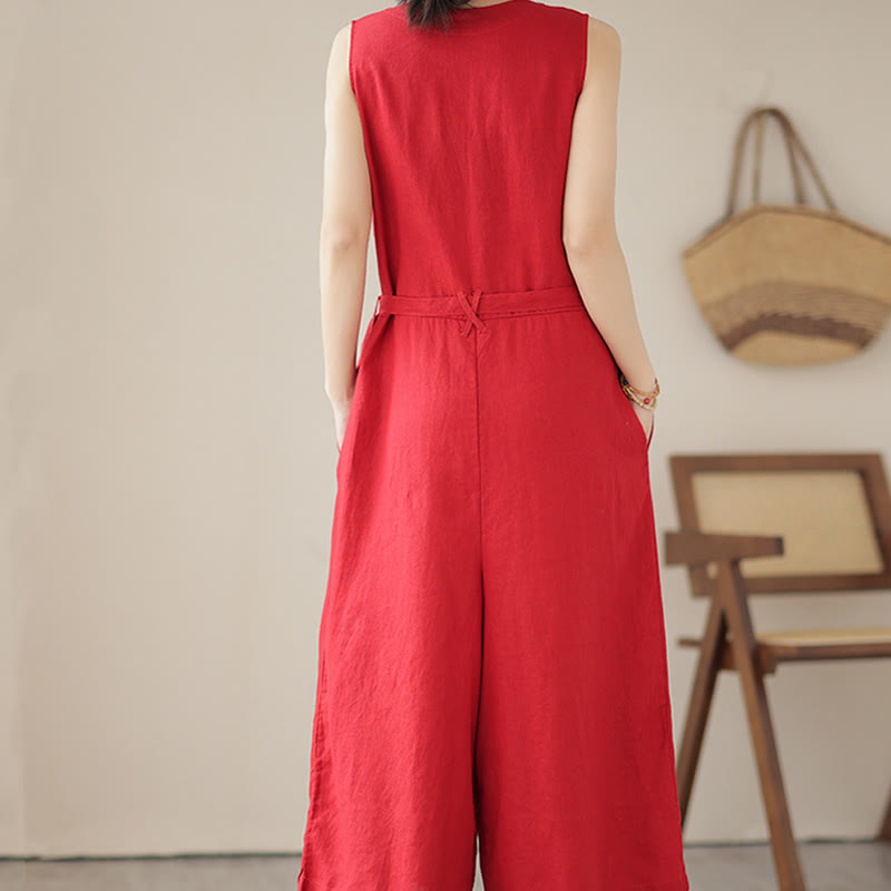 Buddha Stonesカジュアル レースアップ シンプル ノースリーブ デザイン レディース コットン リネン ジャンプスーツ ポケット付き - image 9