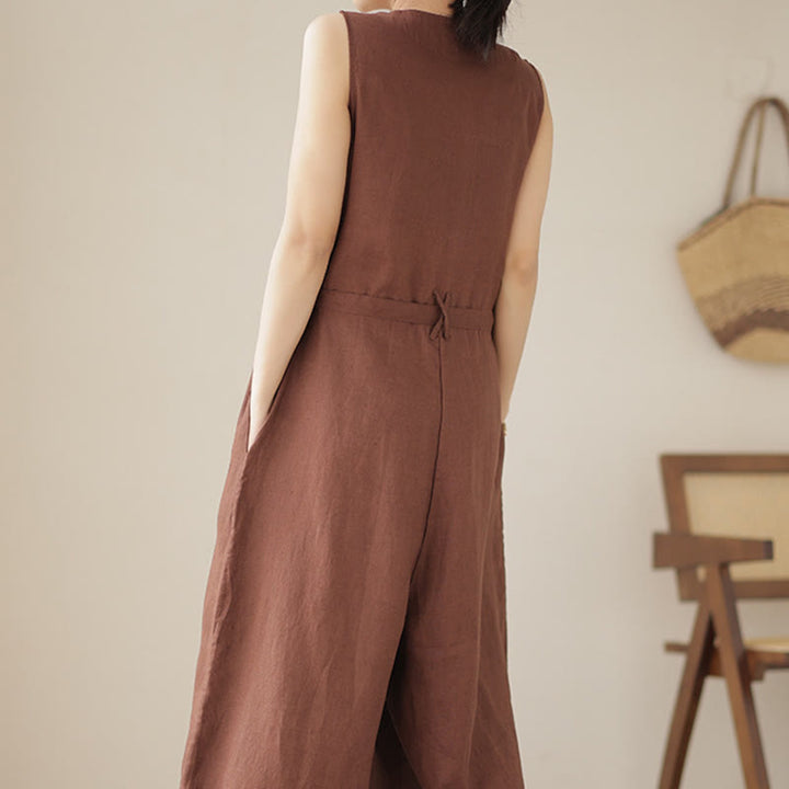 Buddha Stonesカジュアル レースアップ シンプル ノースリーブ デザイン レディース コットン リネン ジャンプスーツ ポケット付き - image 4