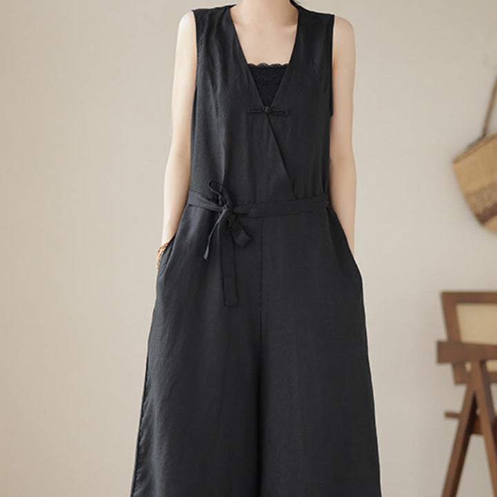 Buddha Stonesカジュアル レースアップ シンプル ノースリーブ デザイン レディース コットン リネン ジャンプスーツ ポケット付き - image 18