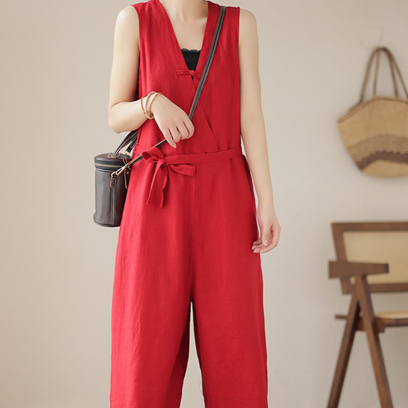 Buddha Stonesカジュアル レースアップ シンプル ノースリーブ デザイン レディース コットン リネン ジャンプスーツ ポケット付き - image 11