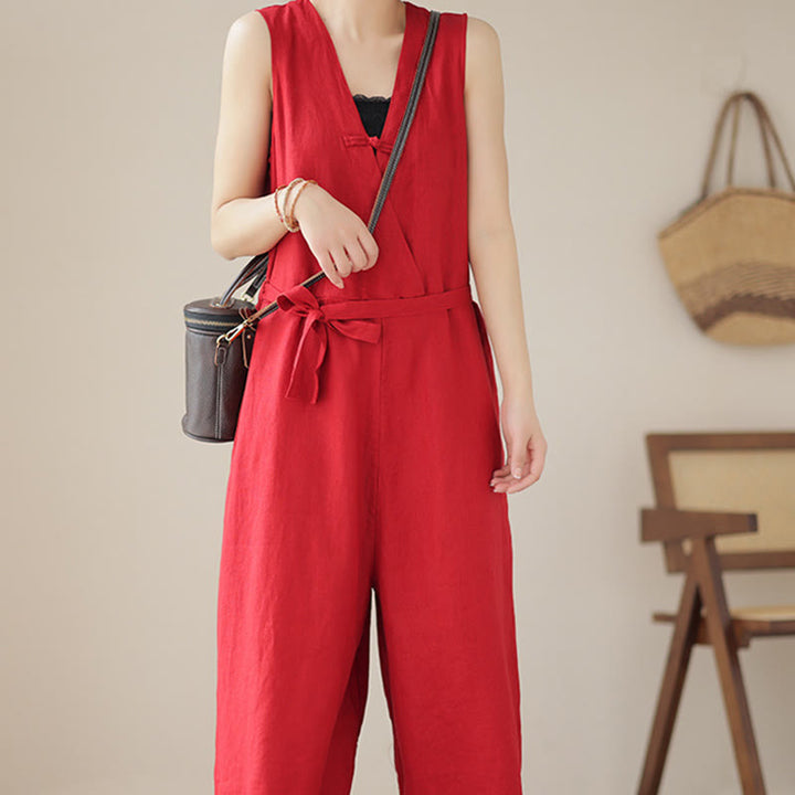 Buddha Stonesカジュアル レースアップ シンプル ノースリーブ デザイン レディース コットン リネン ジャンプスーツ ポケット付き - image 11