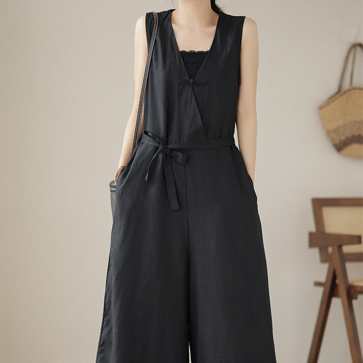 Buddha Stonesカジュアル レースアップ シンプル ノースリーブ デザイン レディース コットン リネン ジャンプスーツ ポケット付き - image 21