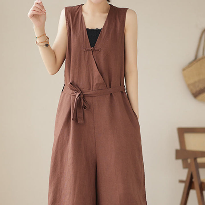 Buddha Stonesカジュアル レースアップ シンプル ノースリーブ デザイン レディース コットン リネン ジャンプスーツ ポケット付き - image 2