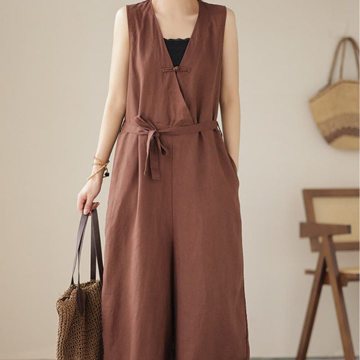 Buddha Stonesカジュアル レースアップ シンプル ノースリーブ デザイン レディース コットン リネン ジャンプスーツ ポケット付き - image 1