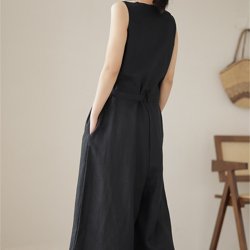 Buddha Stonesカジュアル レースアップ シンプル ノースリーブ デザイン レディース コットン リネン ジャンプスーツ ポケット付き - image 20