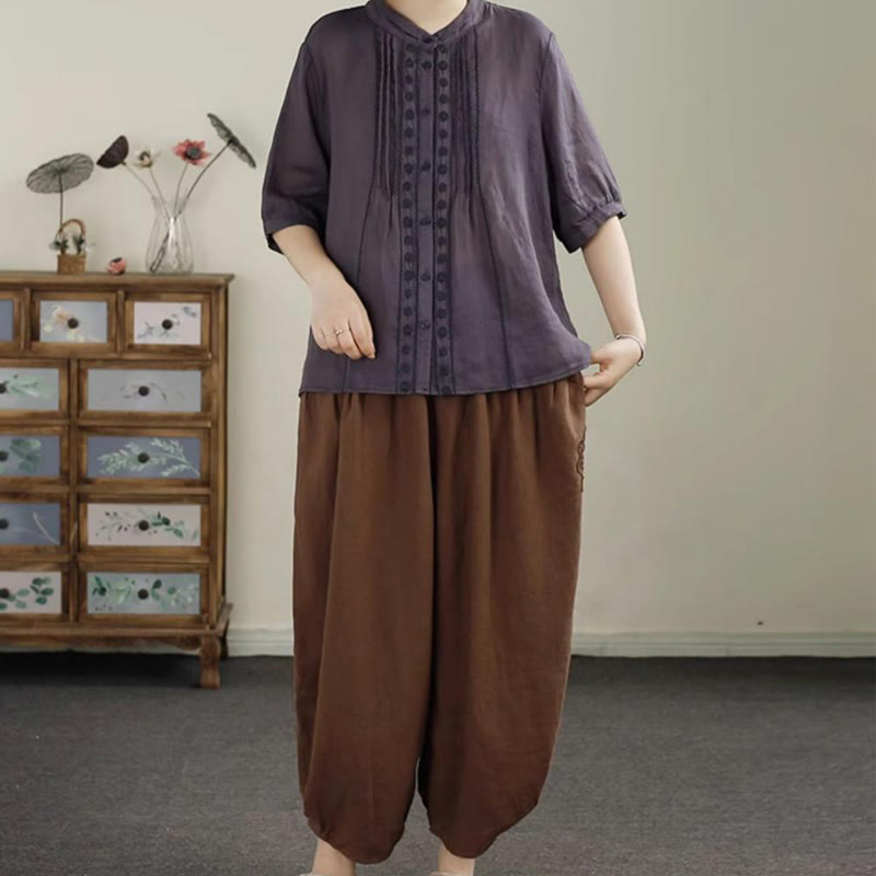 Buddha Stonesヴィンテージ 無地 刺繍 コットンリネン レディース 7-8丈 ハーレムパンツ ポケット付き - image 17