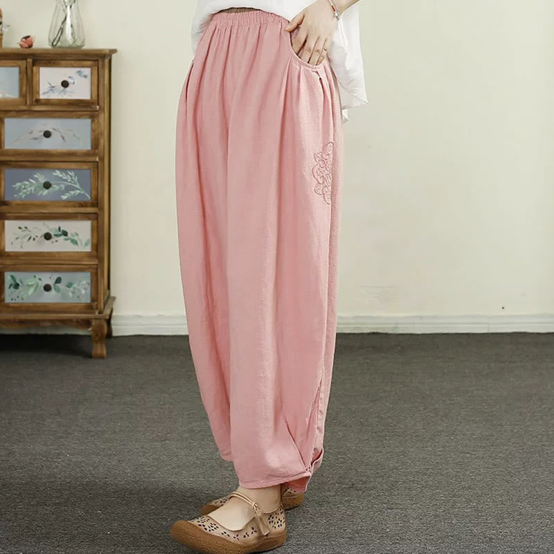 Buddha Stonesヴィンテージ 無地 刺繍 コットンリネン レディース 7-8丈 ハーレムパンツ ポケット付き - ライトピンク - US8-10，UK/AU12-14，EU40-42 (2XL) - image 18