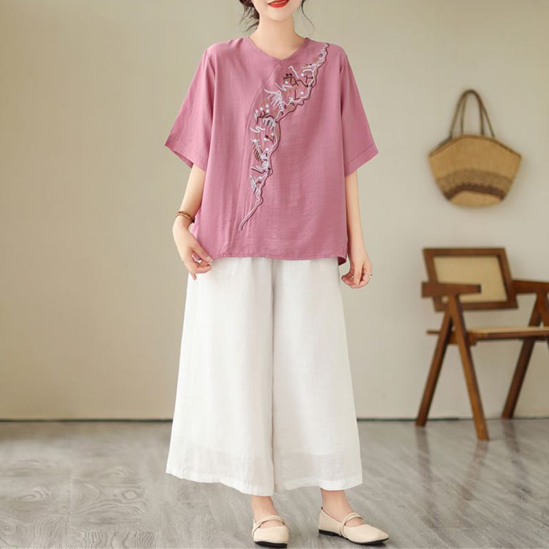 Buddha Stonesエスニックカジュアル刺繍幾何学模様レディースクルーネックデザイン半袖Tシャツ - image 5