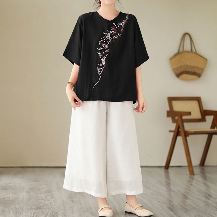 Buddha Stonesエスニックカジュアル刺繍幾何学模様レディースクルーネックデザイン半袖Tシャツ - image 9
