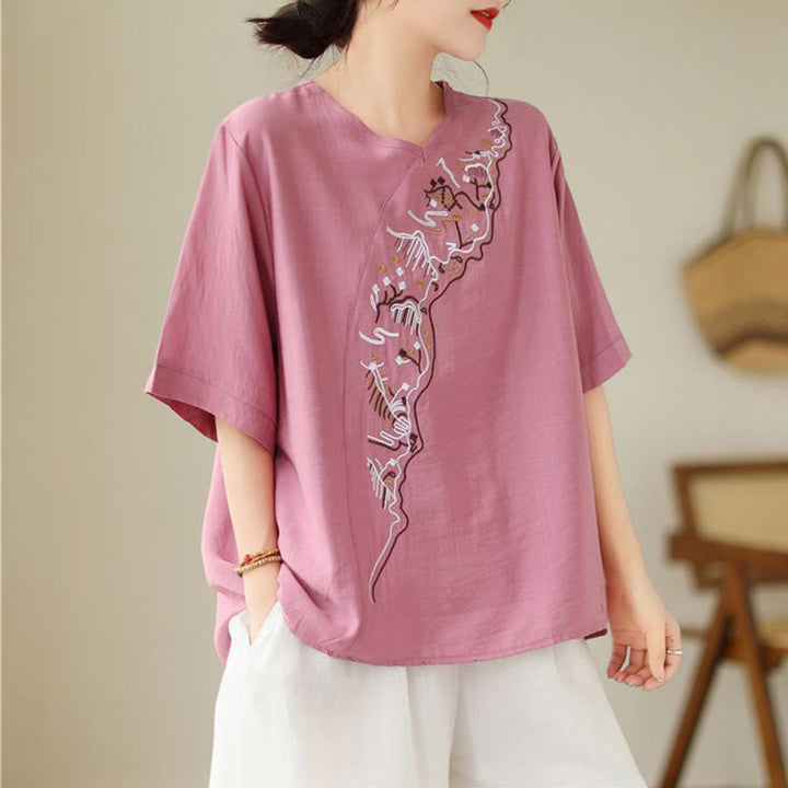 Buddha Stonesエスニックカジュアル刺繍幾何学模様レディースクルーネックデザイン半袖Tシャツ - image 3