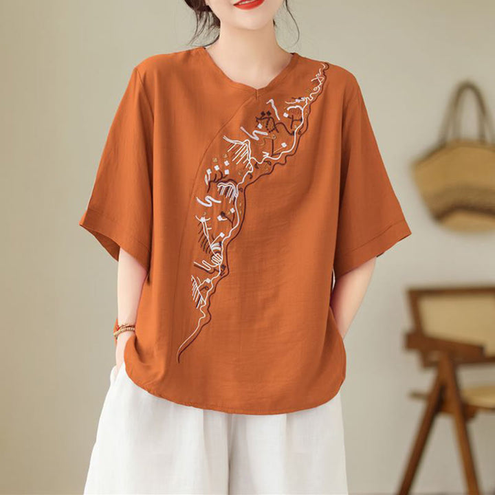 Buddha Stonesエスニックカジュアル刺繍幾何学模様レディースクルーネックデザイン半袖Tシャツ - image 7