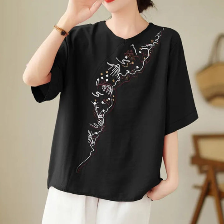 Buddha Stonesエスニックカジュアル刺繍幾何学模様レディースクルーネックデザイン半袖Tシャツ - 黒 - US14、 UK/AU18、 EU46 (4XL) - image 8