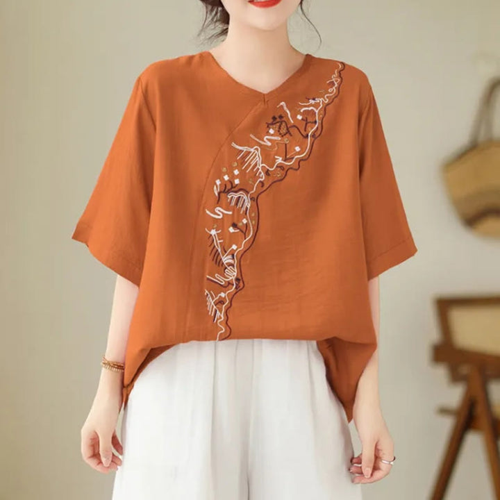 Buddha Stonesエスニックカジュアル刺繍幾何学模様レディースクルーネックデザイン半袖Tシャツ - ダークオレンジ - US14、 UK/AU18、 EU46 (4XL) - image 6