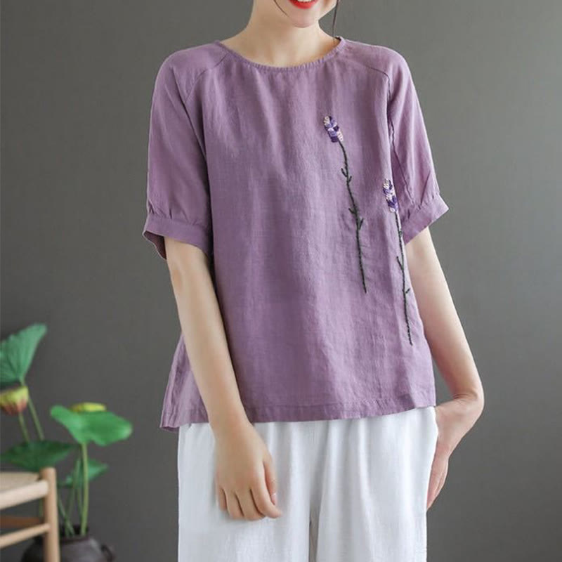 Buddha Stonesサマー ヴィンテージ 刺繍 花柄 レディース クルーネックデザイン コットンリネン Tシャツ - image 3