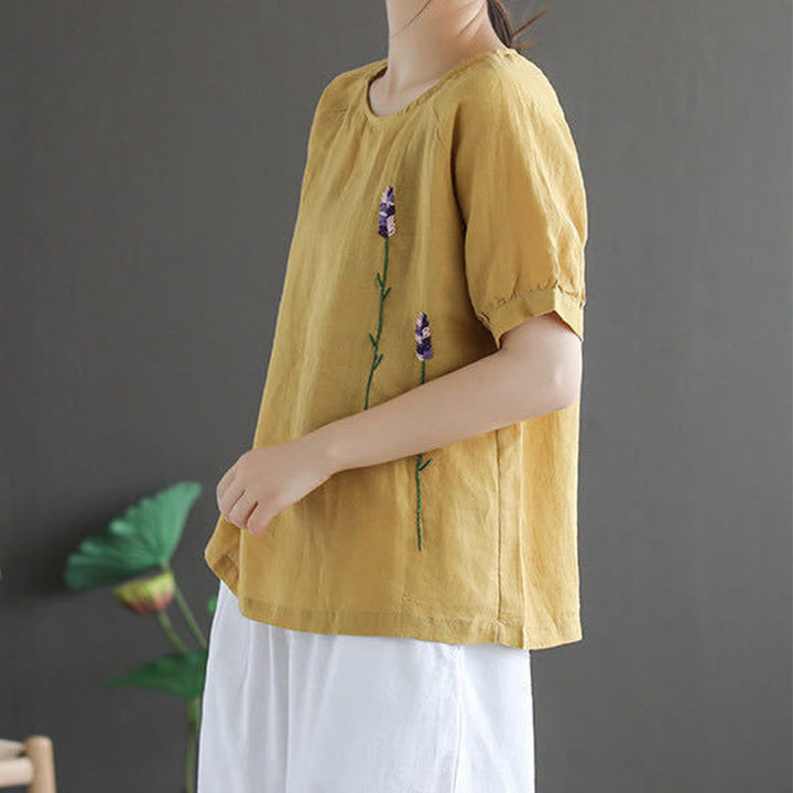 Buddha Stonesサマー ヴィンテージ 刺繍 花柄 レディース クルーネックデザイン コットンリネン Tシャツ - image 9