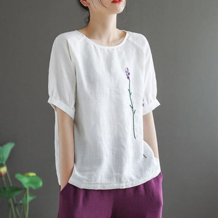 Buddha Stonesサマー ヴィンテージ 刺繍 花柄 レディース クルーネックデザイン コットンリネン Tシャツ - image 14