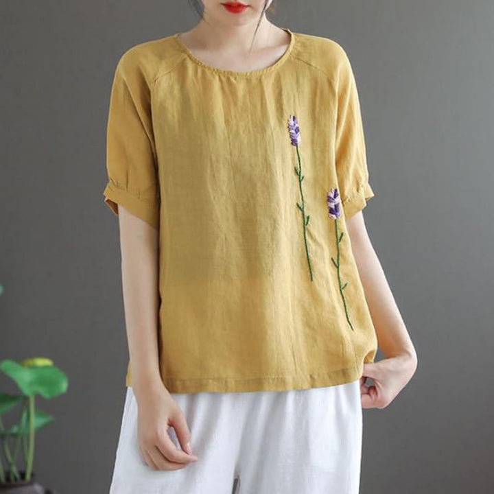 Buddha Stonesサマー ヴィンテージ 刺繍 花柄 レディース クルーネックデザイン コットンリネン Tシャツ - image 7
