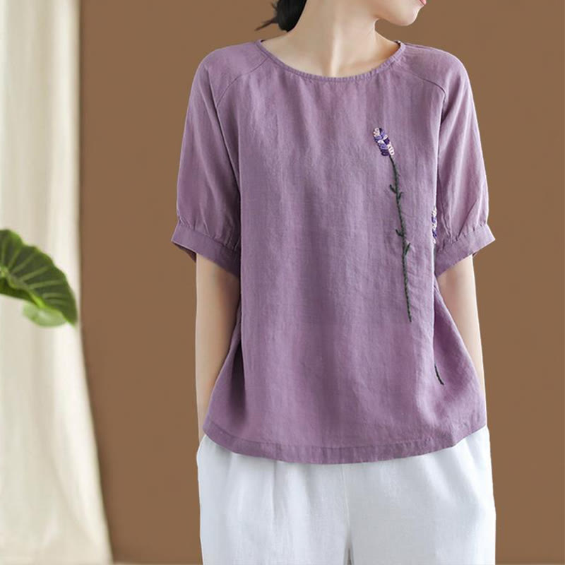 Buddha Stonesサマー ヴィンテージ 刺繍 花柄 レディース クルーネックデザイン コットンリネン Tシャツ - ミディアムオーキッド - US8-10，UK/AU12-14，EU40-42 (2XL) - image 0