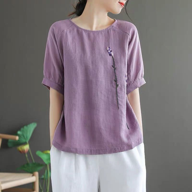 Buddha Stonesサマー ヴィンテージ 刺繍 花柄 レディース クルーネックデザイン コットンリネン Tシャツ - image 2