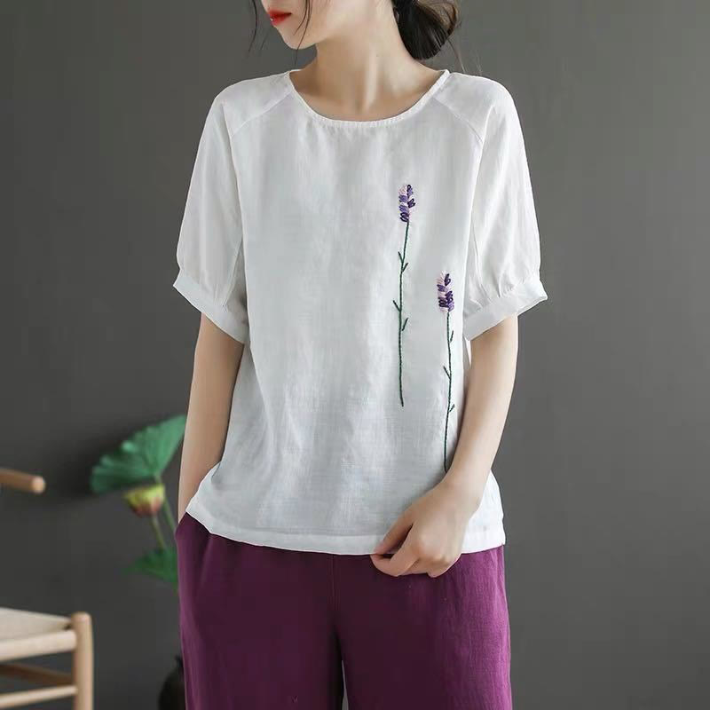 Buddha Stonesサマー ヴィンテージ 刺繍 花柄 レディース クルーネックデザイン コットンリネン Tシャツ - 白 - US8-10，UK/AU12-14，EU40-42 (2XL) - image 13