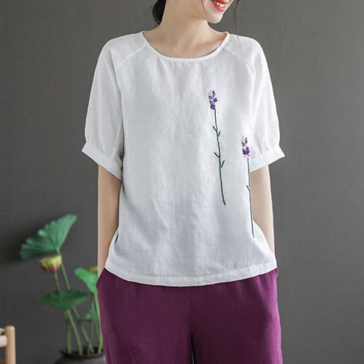 Buddha Stonesサマー ヴィンテージ 刺繍 花柄 レディース クルーネックデザイン コットンリネン Tシャツ - image 15