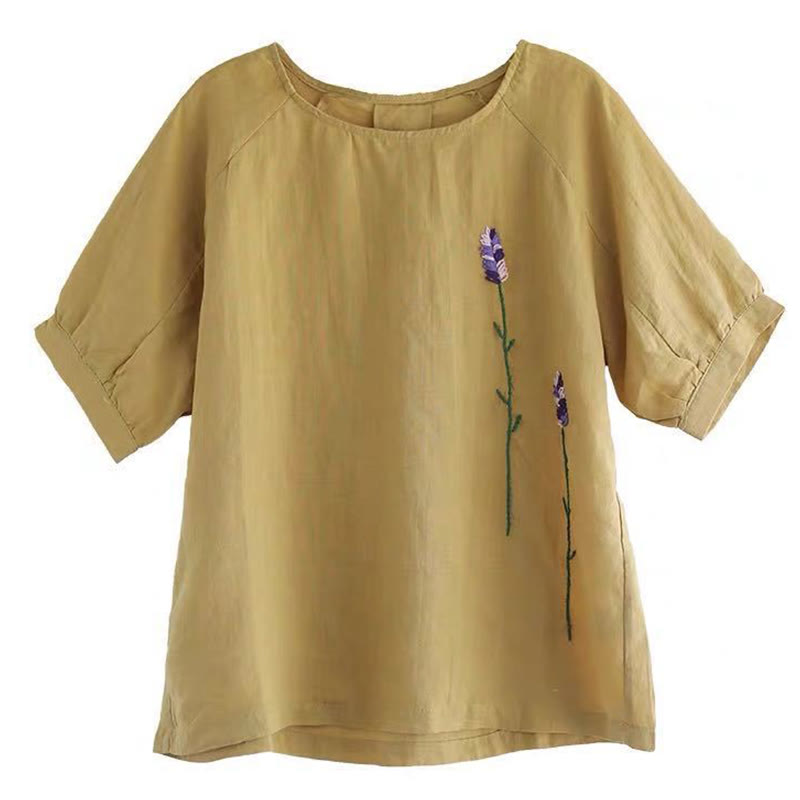 Buddha Stonesサマー ヴィンテージ 刺繍 花柄 レディース クルーネックデザイン コットンリネン Tシャツ - image 12