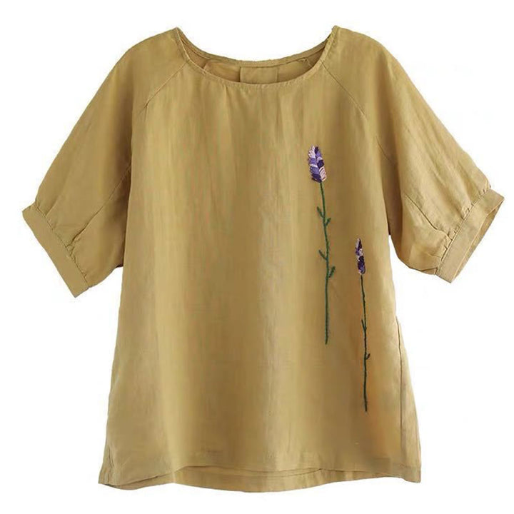 Buddha Stonesサマー ヴィンテージ 刺繍 花柄 レディース クルーネックデザイン コットンリネン Tシャツ - image 12