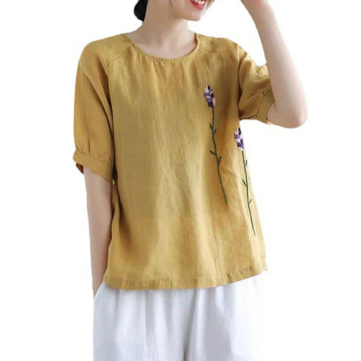 Buddha Stonesサマー ヴィンテージ 刺繍 花柄 レディース クルーネックデザイン コットンリネン Tシャツ - image 11