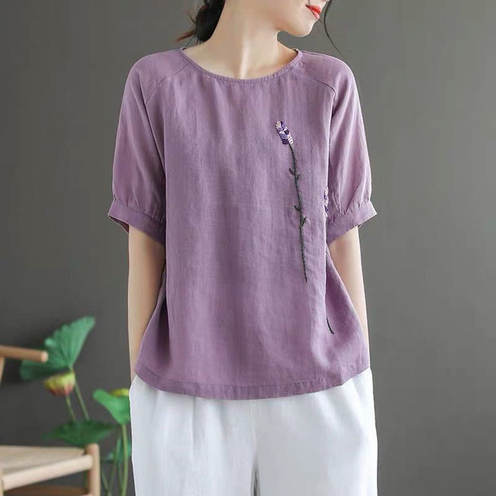 Buddha Stonesサマー ヴィンテージ 刺繍 花柄 レディース クルーネックデザイン コットンリネン Tシャツ - image 2