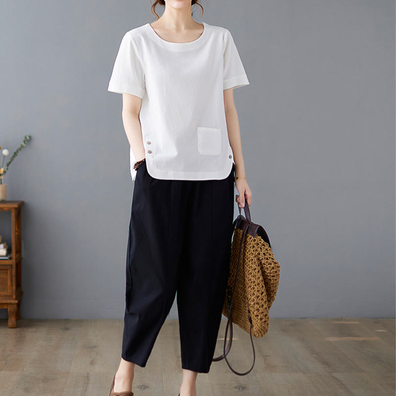 Buddha Stonesサイドスリットデザイン レディース コットンリネン クルーネック 半袖 Tシャツ ポケット付き - image 18