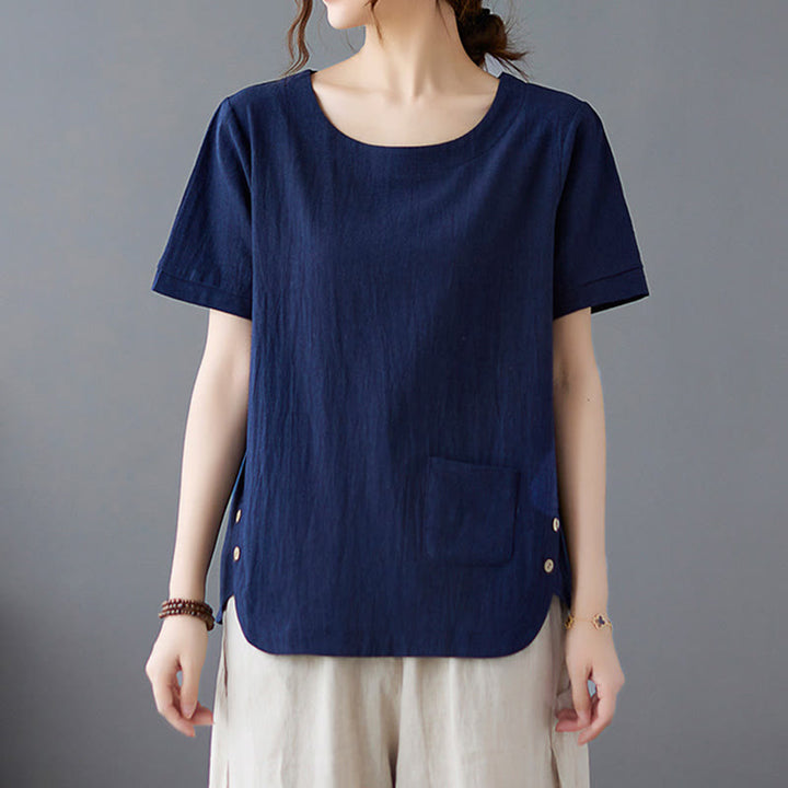 Buddha Stonesサイドスリットデザイン レディース コットンリネン クルーネック 半袖 Tシャツ ポケット付き - image 21