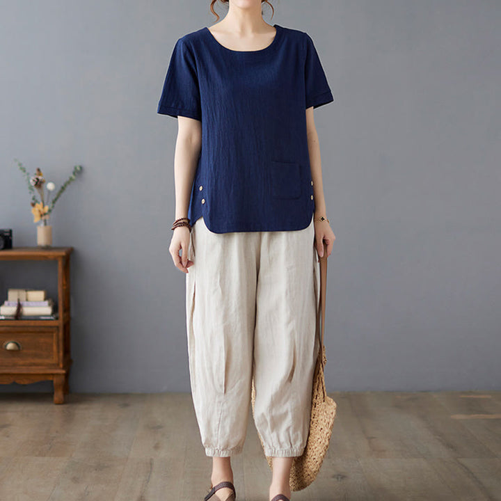 Buddha Stonesサイドスリットデザイン レディース コットンリネン クルーネック 半袖 Tシャツ ポケット付き - image 24