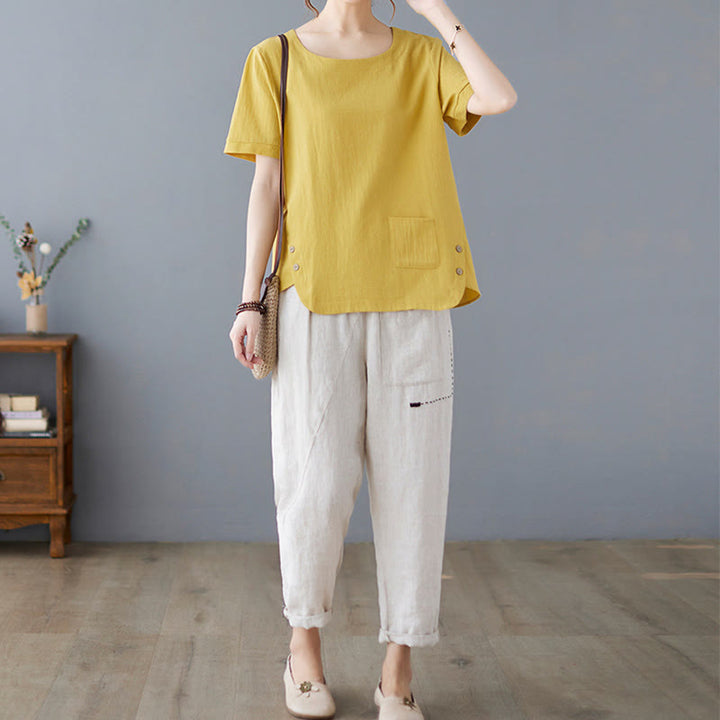Buddha Stonesサイドスリットデザイン レディース コットンポリエステル クルーネック 半袖Tシャツ ポケット付き - image 7