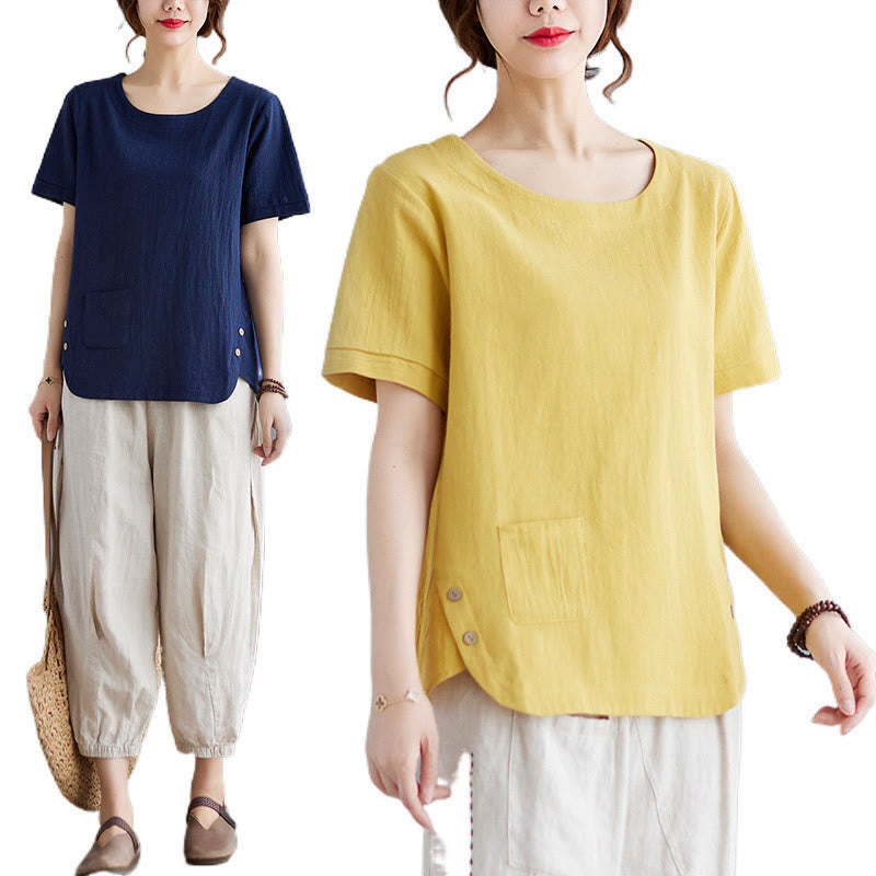 Buddha Stonesサイドスリットデザイン レディース コットンリネン クルーネック 半袖 Tシャツ ポケット付き - image 13