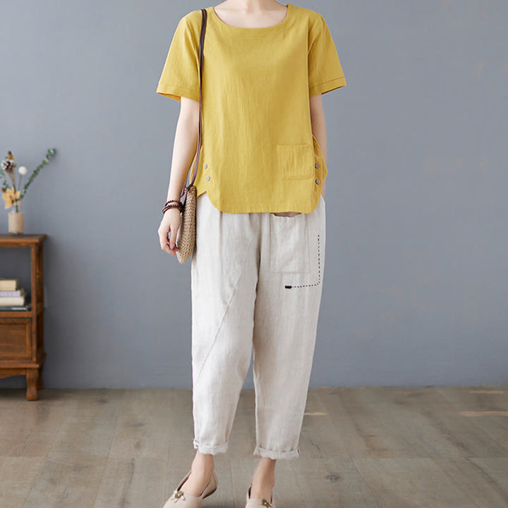 Buddha Stonesサイドスリットデザイン レディース コットンリネン クルーネック 半袖 Tシャツ ポケット付き - image 6