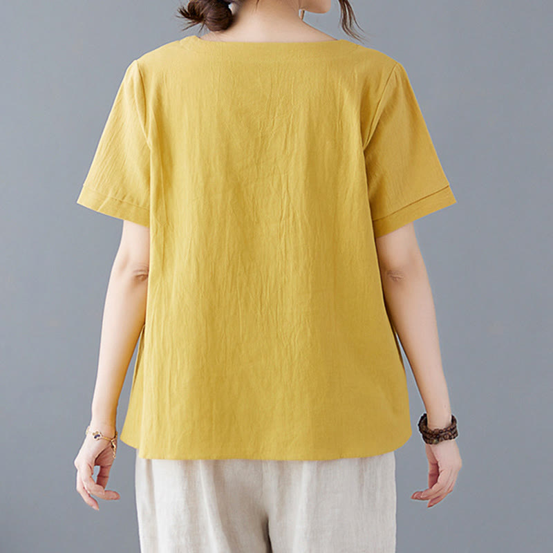 Buddha Stonesサイドスリットデザイン レディース コットンリネン クルーネック 半袖 Tシャツ ポケット付き - image 1