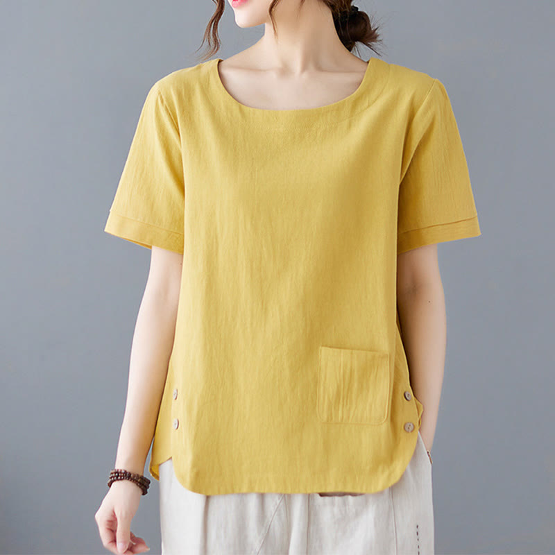 Buddha Stonesサイドスリットデザイン レディース コットンポリエステル クルーネック 半袖Tシャツ ポケット付き - 黄色 - US14、 UK/AU18、 EU46 (4XL) - image 0